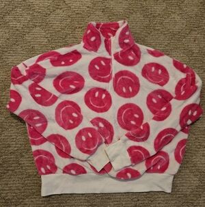 Half-Zip Plush Pullover in a pink And smiley face pattern